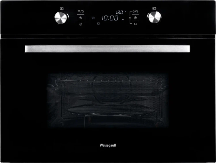 Компактный духовой шкаф Weissgauff OE 449 PDB, чёрный, 44 л, с СВЧ, утапливаемые рукоятки, 13 программ