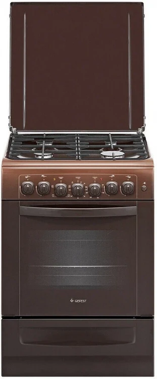 Плита комбинированная GEFEST 6102-02 0301, коричневая, гидролизная очистка, газ-контроль горелок стола, электророзжиг горелок, чугунные решетки, металлическая крышка