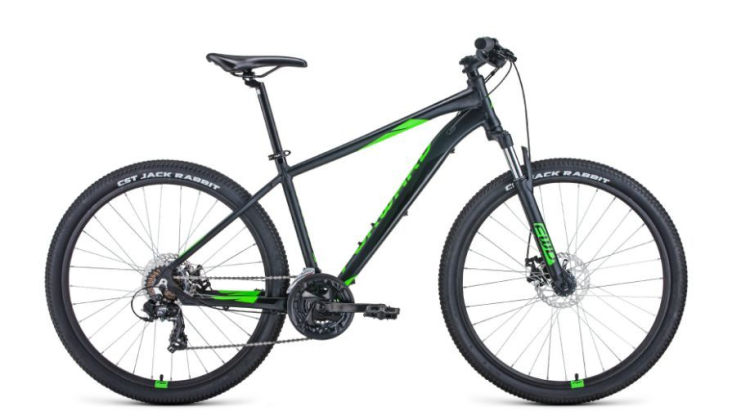 Велосипед FORWARD APACHE 27,5 2.0 D (27,5" 21 ск. рост. 17") 2022, черный матовый/ярко-зеленый, RBK22FW27303