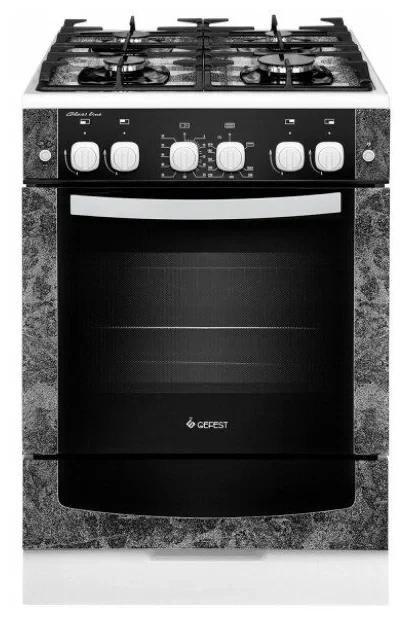 Газовая плита GEFEST 6500-02 0313, белый / с рисунком "мрамор", гидролизная очистка, полный газ-контроль и электророзжиг, чугунные решетки, без крышки