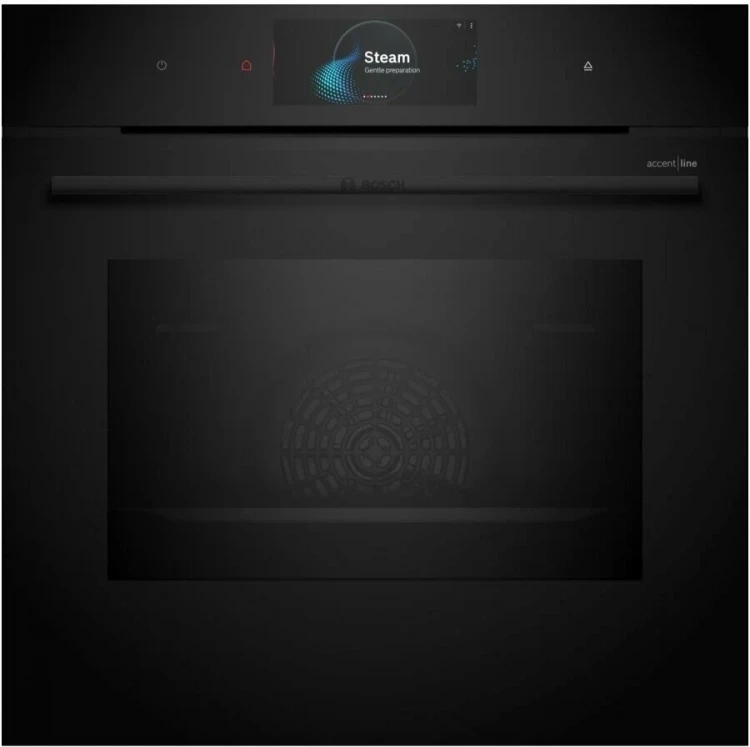 Духовой шкаф электрический встраиваемый Bosch HRG978NB1 Serie 8, чёрный, пиролитическая очистка, 71 л, 22 режима, с паром, телескопические направляющие