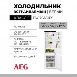 Встраиваемый холодильник AEG TSC7G181ES, 54.6 х 177.2 х 54.9 см, No Frost, 256 л