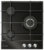 Газовая варочная панель LEX GVG 431 BL, 3 конфорки, чёрная, чугунные решётки, электроподжиг в поворотной ручке, газ-контроль, конфорка WOK